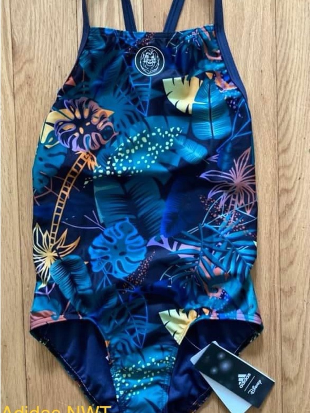 adidas Girls' Tropical Leaf One-Piece Swimsuit - Navy Teal Yellow Coral size YMD